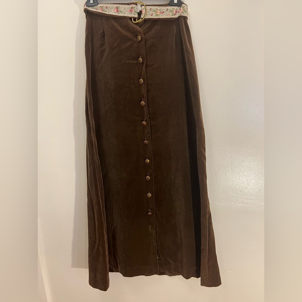 Vintage San Francisco Skirt Works Brown Button-Down Velvet Skirt Floral Belt